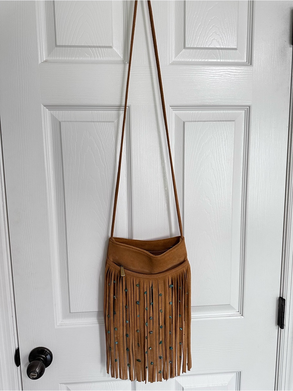Paradox Tan Fringe Crossbody with Stud Accents
